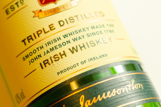 LONDON, UNITED KINGDOM -  FEBRUARY 04, 2022 Characteristic green bottle of Jameson Irish Whiskey distilled at the New Midleton Distillery in County Cork, Irland