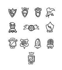 Imaginary football, soccer teams shields set, collection. Icons, symbols, logos. Black and white cartoon hand drawn style vector illustration on white background.
