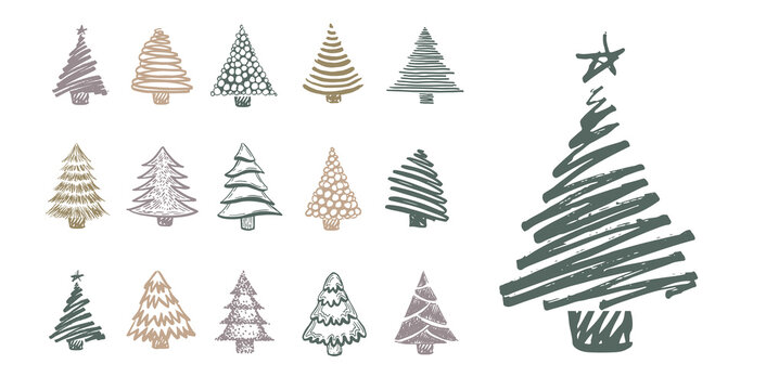 Christmas tree hand drawn illustrations. Vector.	