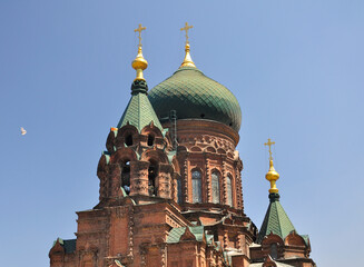 The byzantine architecture of sofia church on an beautiful blue sky day in harbin china in Heilongjiang province.