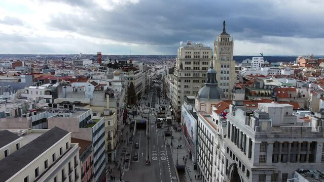 Madrid aerial cityscape with people walking in Alcala street, Spain