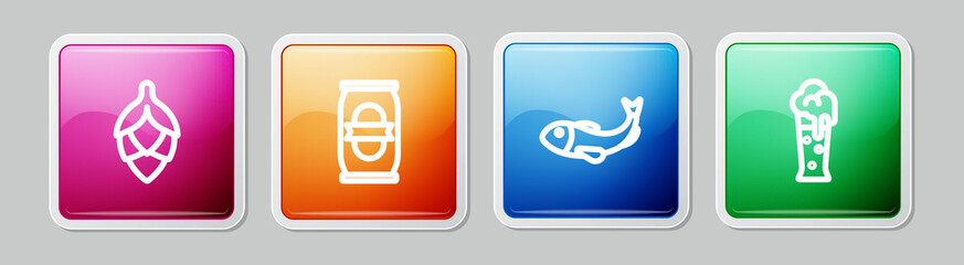 Set line Hop, Beer can, Dried fish and Glass of beer. Colorful square button. Vector