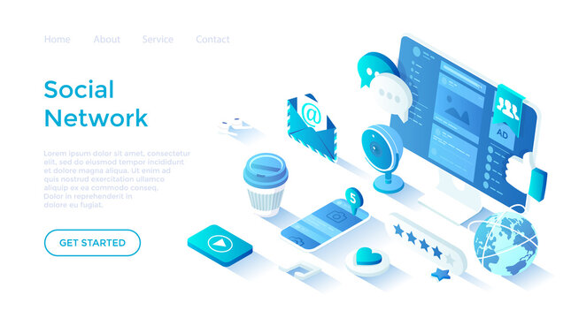 Social Network, Internet Communication. Social media website pages on phone and monitor screens. Chat, app, messages. Isometric illustration. Landing page template for web on white background.
