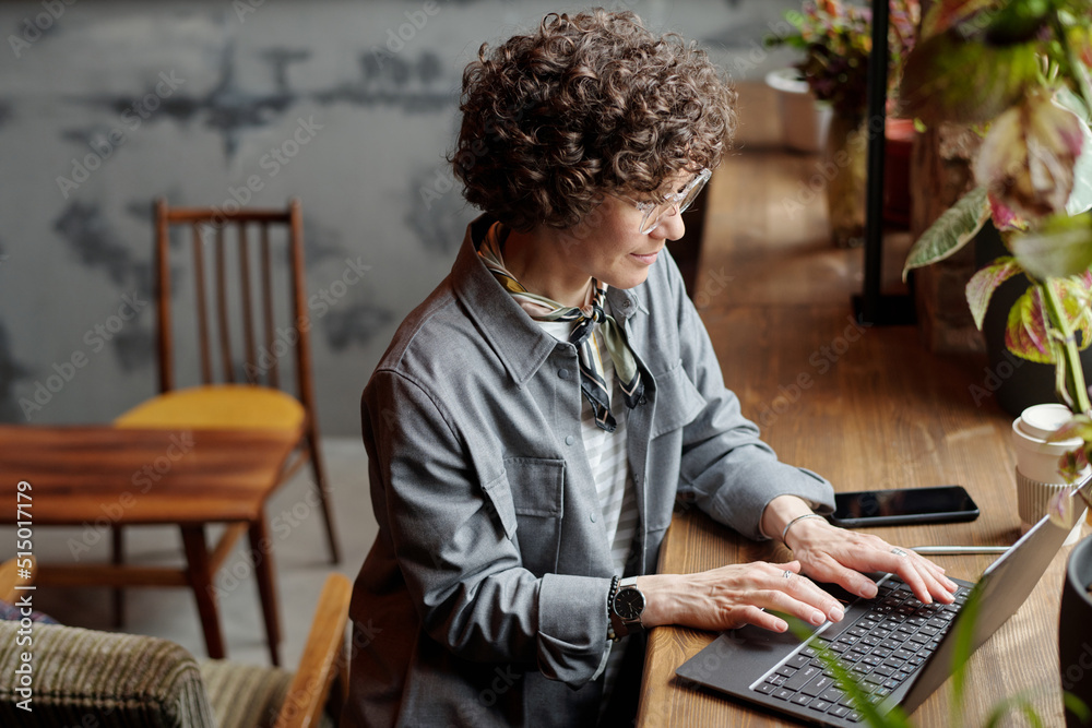 Poster serious middle aged businesswoman or freelancer with laptop sitting in front of window in cafe, typi