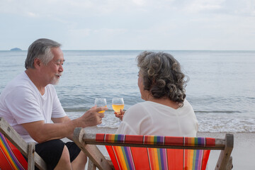 Fototapeta na wymiar Asian senior couple toasting glasses and enjoy drinking wine, sitting and talking together at beach with sea and wave background. travel and vacation after retirement concept