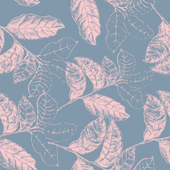 Seamless pattern with graphic  leaves on gray background.  Vector version.