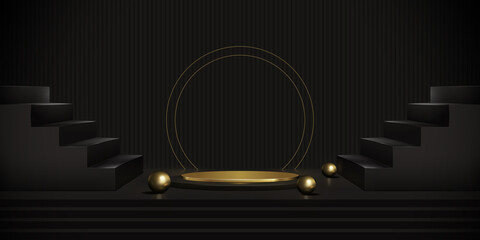 Luxury dark podium background with golden ball. Vector illustration.