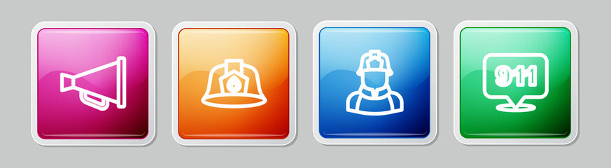 Set line Megaphone, Firefighter helmet, and Emergency call 911. Colorful square button. Vector