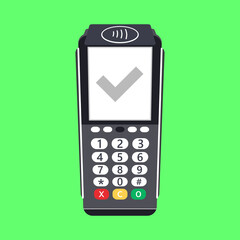 Payment terminal check mark. POS terminal with a check mark on a green background. Vector illustration. stock image.