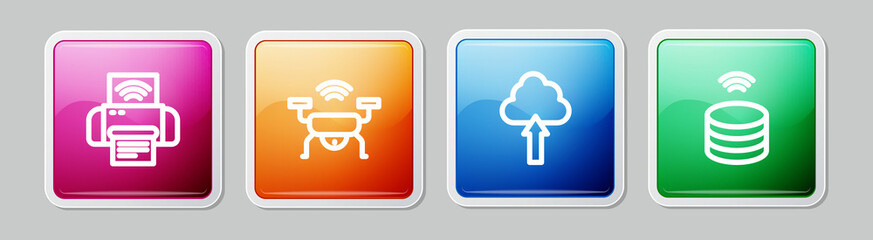 Set line Smart printer system, drone, Cloud upload and data server. Colorful square button. Vector