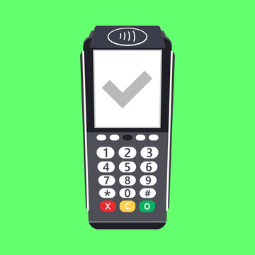 Payment terminal check mark. POS terminal with a check mark on a green background. Vector illustration. stock image.