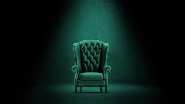 Boss Leader Chair On Concrete Room with Spot Light. Businessman luxurious fancy Empty Armchair on Grungy Floor and Wall with Night Lighting. Business Seat Concept 4K Video 
