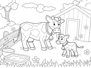 Mom cow and baby calf in the agricultural yard. Children coloring book.