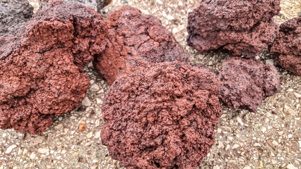 Close up view on the volcanic stones near active volcano crater of Mount Vesuvius, Province of...