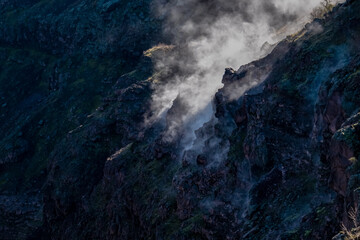 Panoramic view on the edge of the active smoking volcano crater of Mount Vesuvius, Province of...