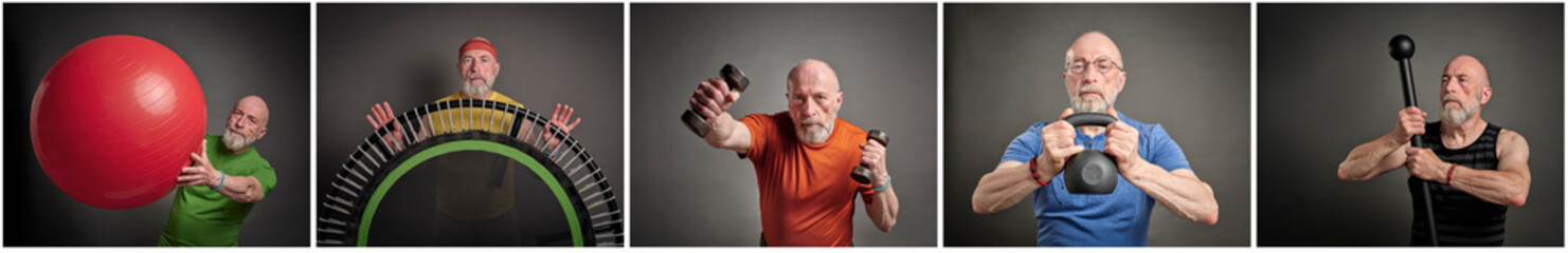 functional fitness and healthy lifestyle web banner featuring active senior man in late 60s involved in a variety of exercises