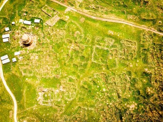 Aerial top down view Ani ruins archeological site with church in Turkey, Kars. Archeological site of medieval armenian city