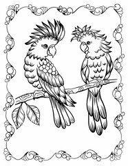 Two parrots coloring book page with birds, black line art isolated on white background