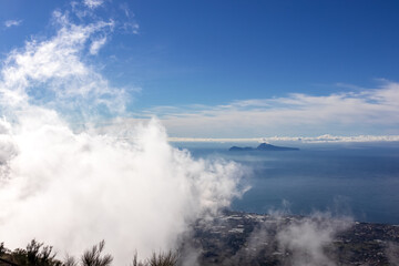 Panoramic view from volcano Mount Vesuvius on the bay of Naples, Province of Naples, Campania region, Italy, Europe, EU. Looking at the island of Capri and Mediterranean coastline on a sunny day.