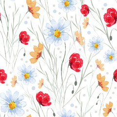 Wildflowers. Seamless pattern with hand painted watercolor wildflowers isolated on white.