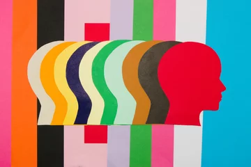 Gardinen Farbenfroh human creativity and mind without limits, colorful paper heads on a colorful art background, many colors, creative art design, abstract background  © Stefan