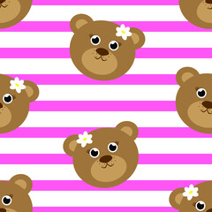 Vector seamless pattern with teddy bears on pink and white strips background