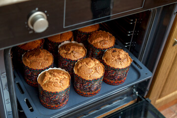 Baked Easter cakes in the oven. Spring Easter Feast
