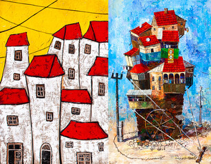 oil painting, white city with red roofs, urban view. houses on the rock, georgia. 2 in 1