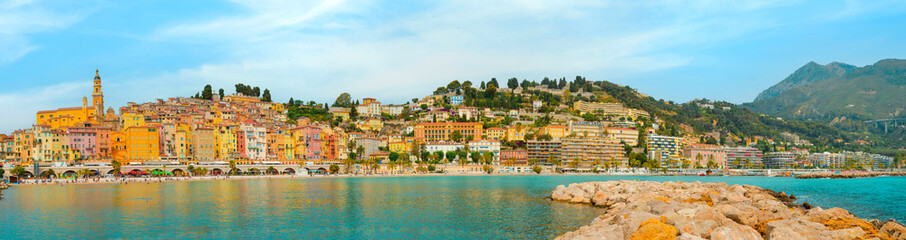 panoramic view on old part of Menton, Provence-Alpes-Cote d'Azur, France. tourist attraction, travel guide and sights of city breaks. travelling, landmarks, postcard, on road trip panoramic banner - obrazy, fototapety, plakaty
