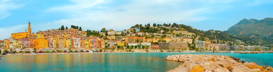 Foto auf Acrylglas panoramic view on old part of Menton, Provence-Alpes-Cote d'Azur, France. tourist attraction, travel guide and sights of city breaks. travelling, landmarks, postcard, on road trip panoramic banner © eplisterra