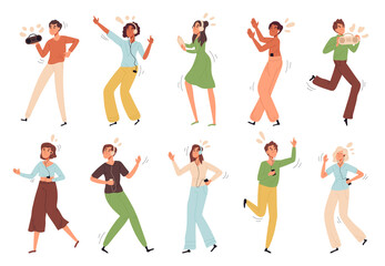 People listening music, man and woman dancing with headphones. Characters listen favorite song with earphones flat vector illustration set. Joyful music lovers