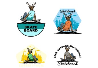 Fototapeta na wymiar Man with deer head sitting on skateboard illustration