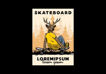 Fototapeta premium Man with deer head sitting on skateboard illustration