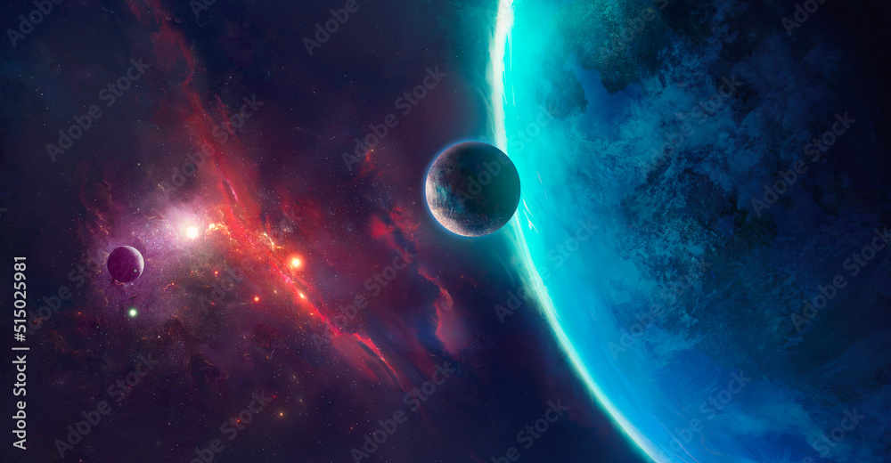 Wall mural image of planets in outer space against the background of stars and nebulae