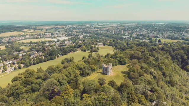 Aerial of castle in the woods - Blaise Castle estate, Bristol, UK