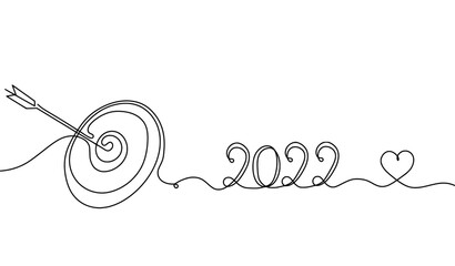 Abstract arrow on target circle with 2022 as continuous lines drawing on white background
