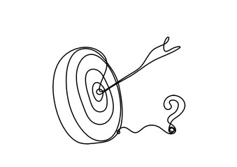 Abstract arrow on target circle with question mark as continuous lines drawing on white background. Vector