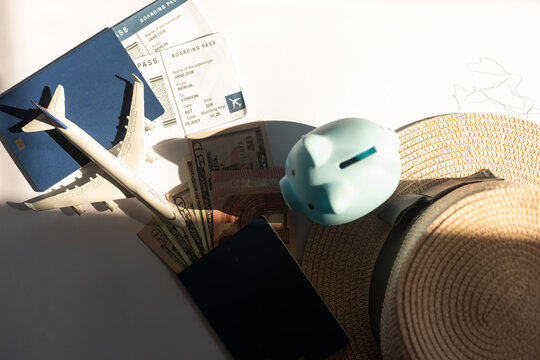 Travel or vacation money saving concept, piggy bank