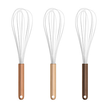 Vector Realistic 3D Metal and Wooden Wire Steel Whisk Icon Set Closeup Isolated. Cooking Utensil, Egg Beater, Culinary Air Whisk for Mixing and Whipping. Design Template, Mockup, Clipart for Bakery
