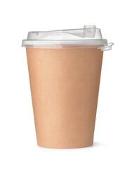 Brown disposable paper coffee cup with transparent plastic lid