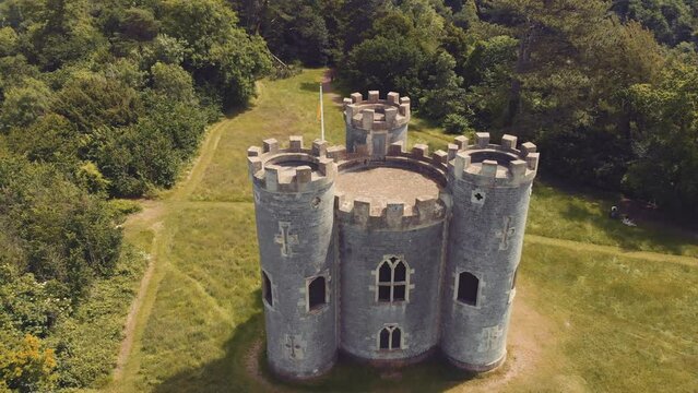 Aerial of castle in the woods - Blaise Castle estate, Bristol, UK