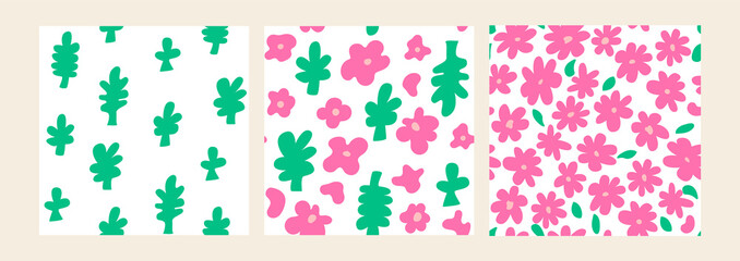 Set of seamless patterns with abstract flowers and leaves. Naive art. Flat vector background. Abstract organic shapes