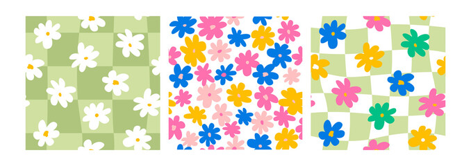 Set of cute hippie and groovy seamless patterns with colorful daisy flowers and distorted cage. Fashionable background in 00s, 90s, y2k style. 