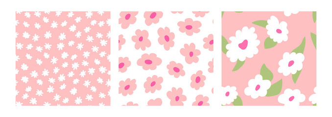 Set of floral blossom vector backgrounds. Seamless patterns with abstract flowers in pink and white colors