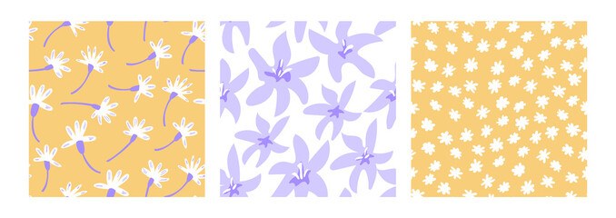Set of seamless patterns with various flowers. Vector blossom background in purple and yellow colors