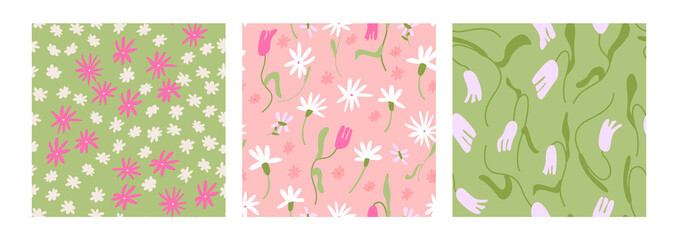 Set of floral seamless patterns with abstract flowers in retro style. Botanical blossom vector backgrounds.