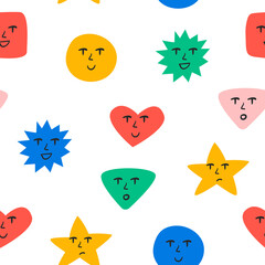Cute childish seamless patterns. Abstract colorful organic, geometric shapes, hearts and stars with funny faces. Vector background in 90s, 00s and kidcore style