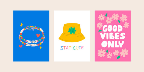 Set of cute posters with illustrations of beads bracelets, panama hat, flowers and lettering good vibes only. Greeting cards in kidcore, 90s, 00s style. Vector illustration