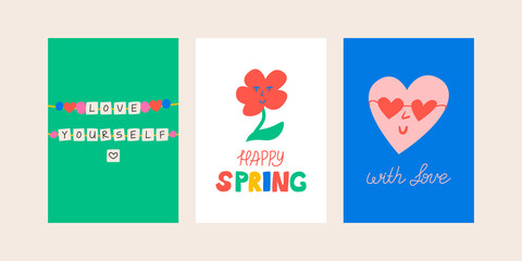 Set of cute posters with illustrations of beads bracelets, flower, heart in sunglasses and lettering happy spring. Greeting cards in kidcore style. Vector illustration