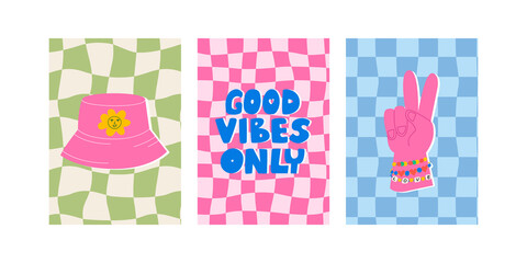 Set of groovy posters in 00s, 90s, y2k style. Panama hat, good vibes only lettering, peace sign and wavy psychedelic checkerboard. 